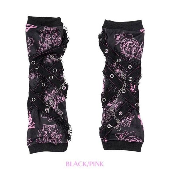 Goth Emo Punk Bunny Rabbit Harajuku Arm Warmers Blk/Pnk - Picture 2 of 3
